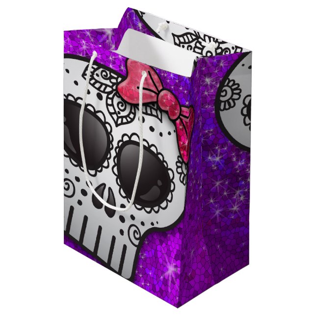 Day of the Dead Sugar Skull Ombre Purple Glitter Medium Gift Bag (Front Angled)