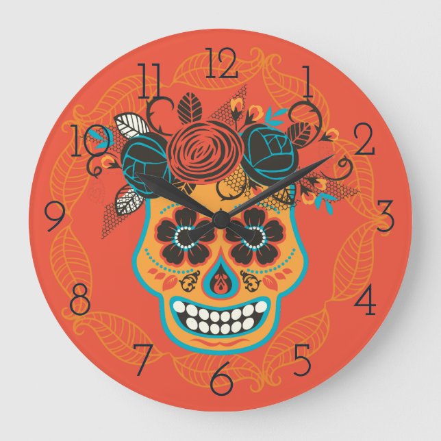 Day of the Dead Sugar Skull, orange Large Clock (Front)