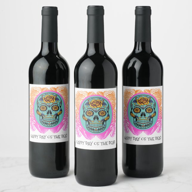 Day Of The Dead Sugar Skull Party Wine Label (Bottles)