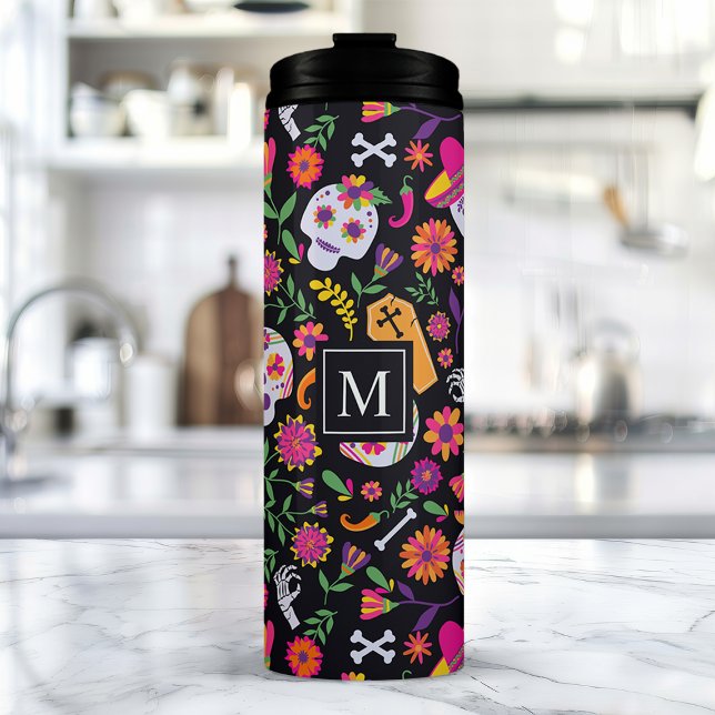 Day Of The Dead Sugar Skull Pattern Monogram Thermal Tumbler (Creator Uploaded)