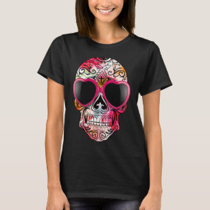 Day Of The Dead Sugar Skull Pink Heart Sunglasses T-Shirt
