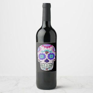 Day of the Dead Sugar Skull Purple Flowers Wine Label
