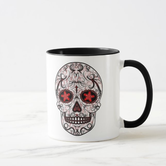 Day of the Dead Sugar Skull - Red & Black Fractal Mug (Right)