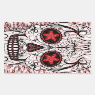 Day of the Dead Sugar Skull - Red & Black Fractal Rectangular Sticker