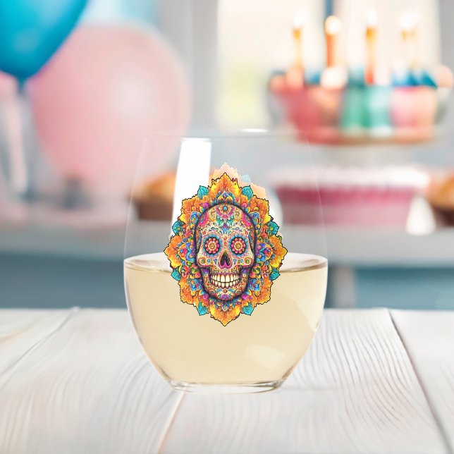 Day of the Dead Sugar Skull Stemless Wine Glass (Insitu (Baby Shower))