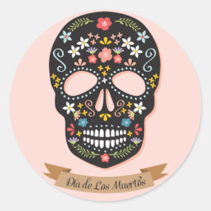 Day of the Dead Sugar Skull stickers, black-pink Classic Round Sticker