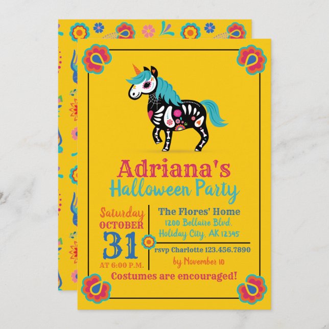 Day of the Dead Sugar Skull Unicorn Party Invitation (Front/Back)