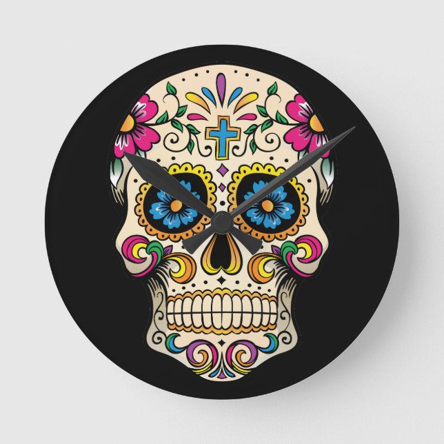 Day of the Dead Sugar Skull with Cross Round Clock (Front)