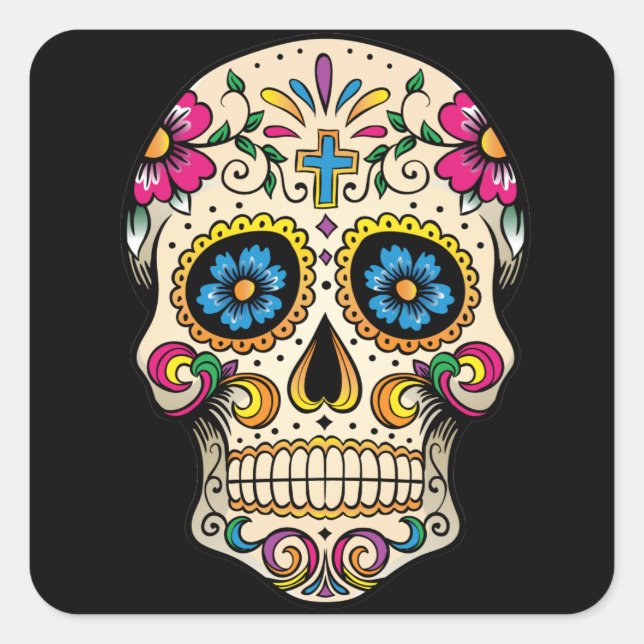 Day of the Dead Sugar Skull with Cross Sticker (Front)