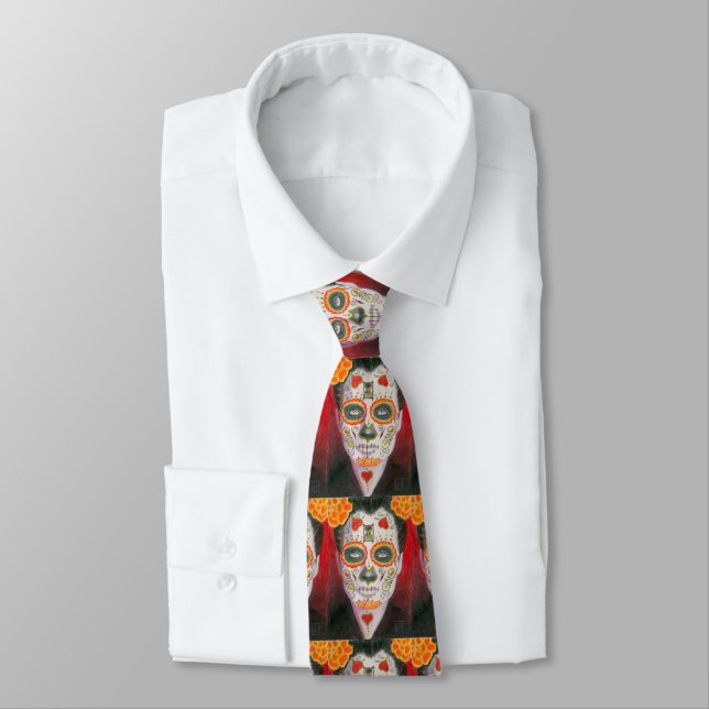 Day of the Dead Sugar Skull with Hearts Tie (Tied)