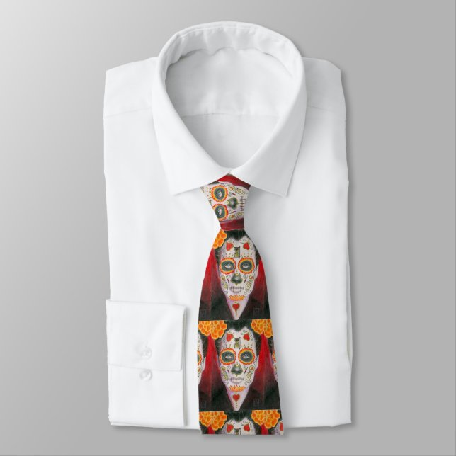 Day of the Dead Sugar Skull with Hearts Tie (Tied)