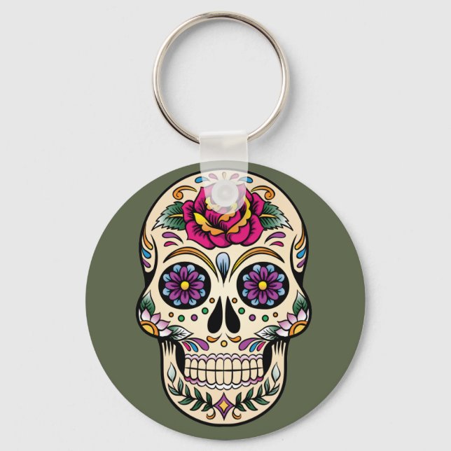 Day of the Dead Sugar Skull with Rose Keychain (Front)