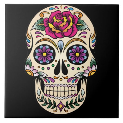 Image of Day of the Dead Sugar Skull with Rose Tile