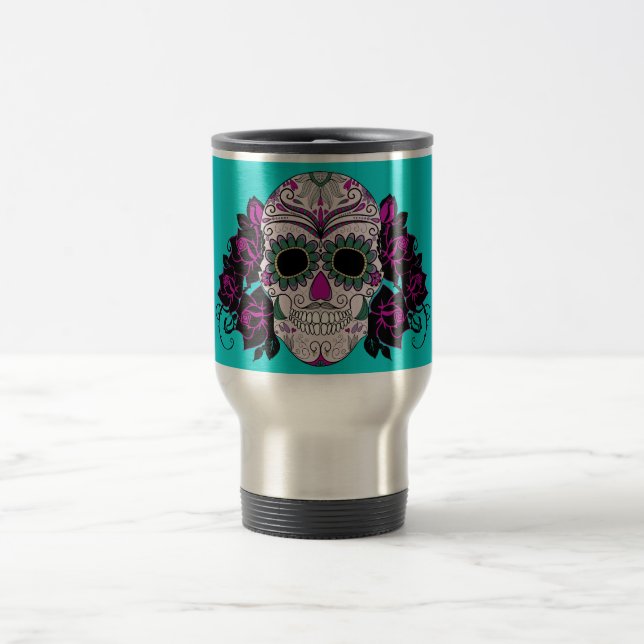 Day of the Dead Sugar Skull with Roses Travel Mug (Center)