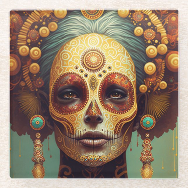 Day Of The Dead Sugar Skull Woman Glass Coaster (Front)