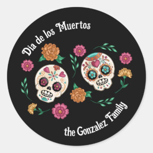 Day of the Dead Sugar Skulls and Flowers Black Classic Round Sticker
