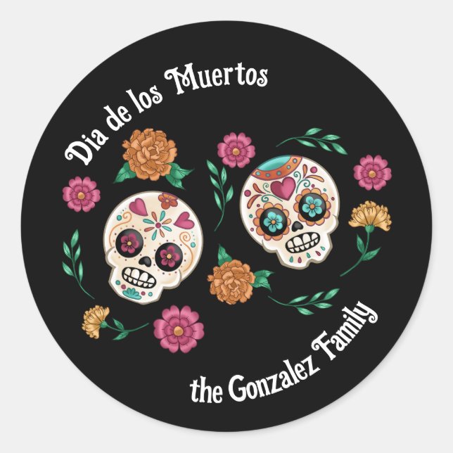 Day of the Dead Sugar Skulls and Flowers Black Classic Round Sticker (Front)