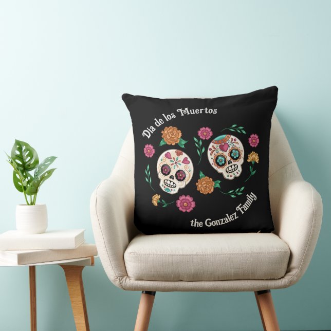 Day of the Dead Sugar Skulls and Flowers Black Cushion (Chair)