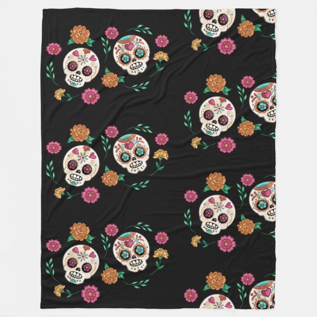 Day of the Dead Sugar Skulls and Flowers Black Fleece Blanket (Front)