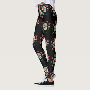 Day of the Dead Sugar Skulls and Flowers Black Leggings