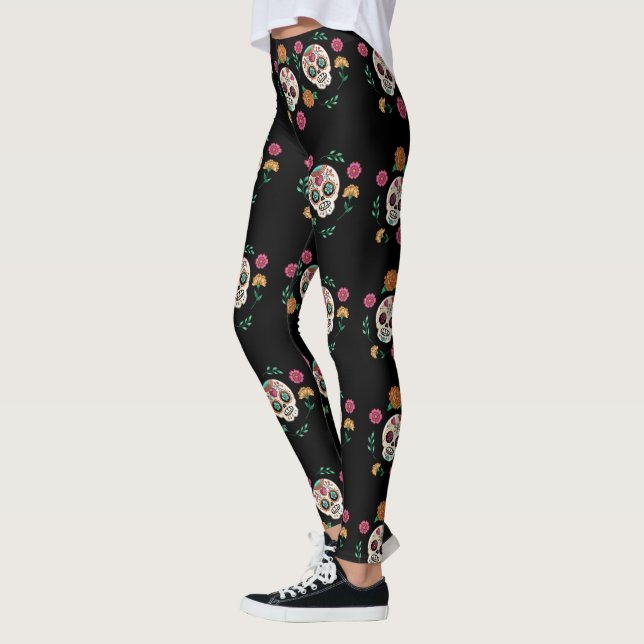 Day of the Dead Sugar Skulls and Flowers Black Leggings (Left)