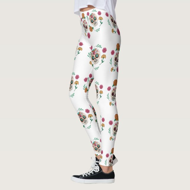 Day of the Dead Sugar Skulls and Flowers Leggings (Left)