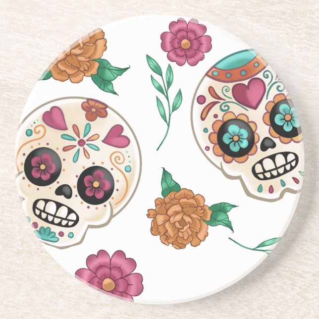 Day of the Dead Sugar Skulls and Flowers White Coaster (Front)