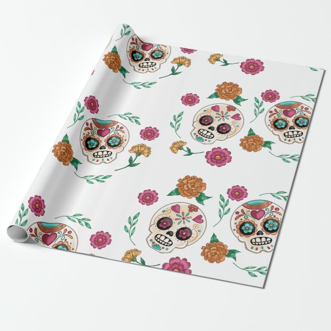 Day of the Dead Sugar Skulls and Flowers Wrapping Paper (Unrolled)