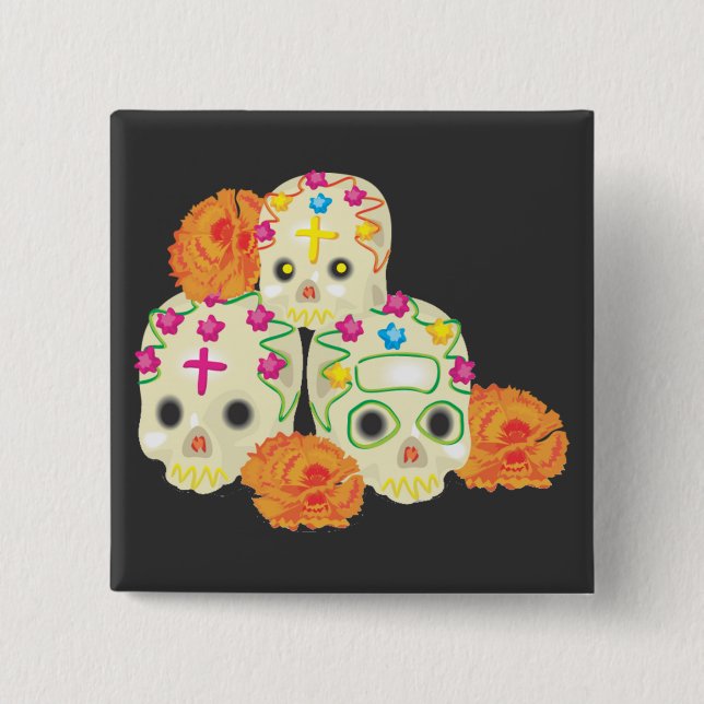 Day of the Dead Sugar Skulls and Marigolds 15 Cm Square Badge (Front)