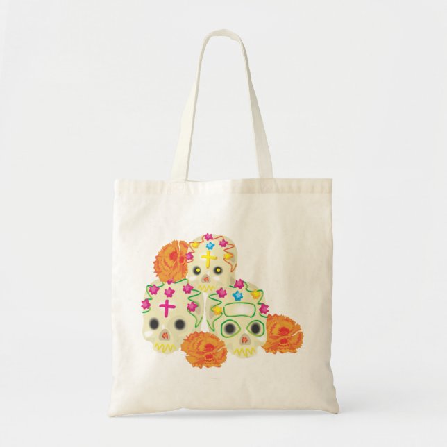 Day of the Dead Sugar Skulls and Marigolds Tote Bag (Front)