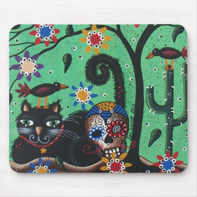 Day Of The Dead, Sugar Skulls, Black Cat, By Lori Mouse Mat (Front)