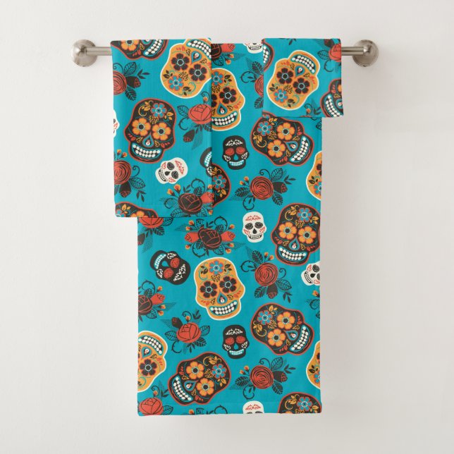 Day of the Dead Sugar Skulls, blue Bath Towel Set (Insitu)