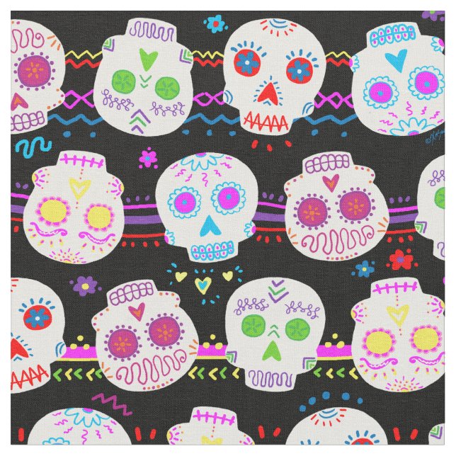 Day Of The Dead Sugar Skulls Fabric (Close Up)
