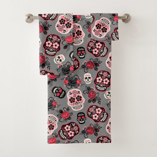 Day of the Dead Sugar Skulls, grey Bath Towel Set (Insitu)