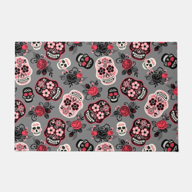 Day of the Dead Sugar Skulls, grey Doormat (Front)