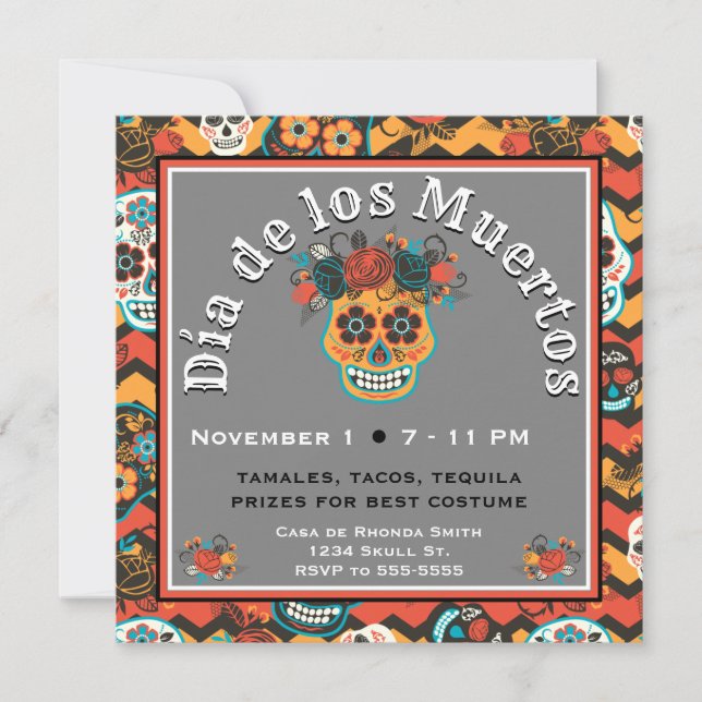 Day of the Dead Sugar Skulls, zigzag orange Invitation (Front)