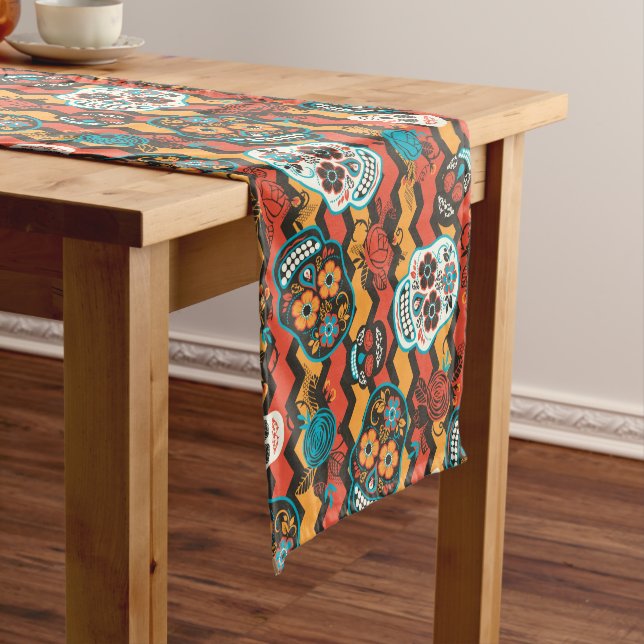 Day of the Dead Sugar Skulls, zigzag Short Table Runner (In Situ)