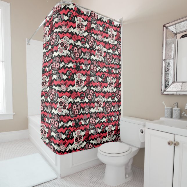 Day of the Dead Sugar Skulls, zigzag Shower Curtain (In Situ)