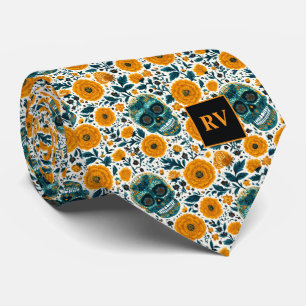 Day of the Dead Teal Skulls with Yellow Marigolds Tie