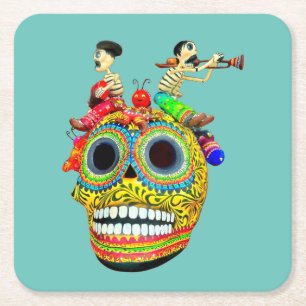 Day of the Dead Yellow Calavera with Musicians Square Paper Coaster