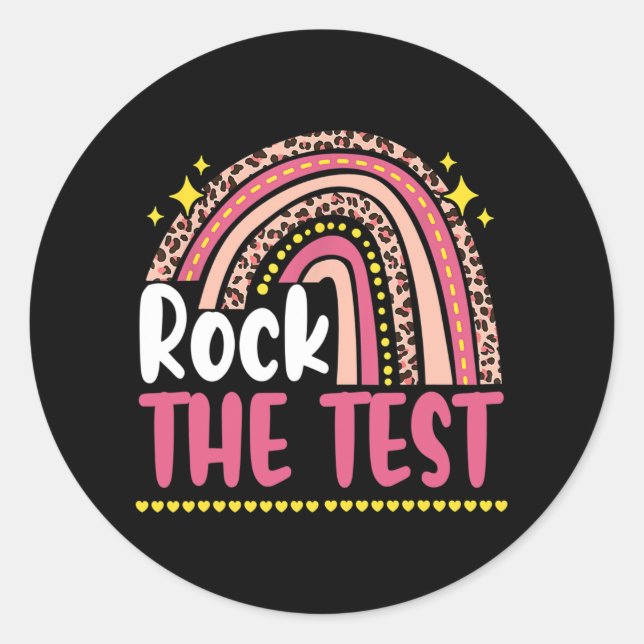 Day Rock The Test Teacher Testing Day Rainbow Leop Classic Round Sticker (Front)