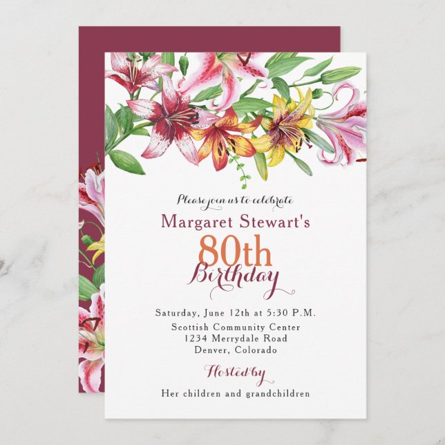 Day Tiger Lily Flower 80th Birthday Invite (Front/Back)