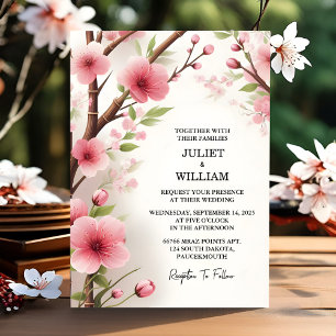 Day Wood Bamboo Pink Sakura Cherry Blossom Wedding Invitation