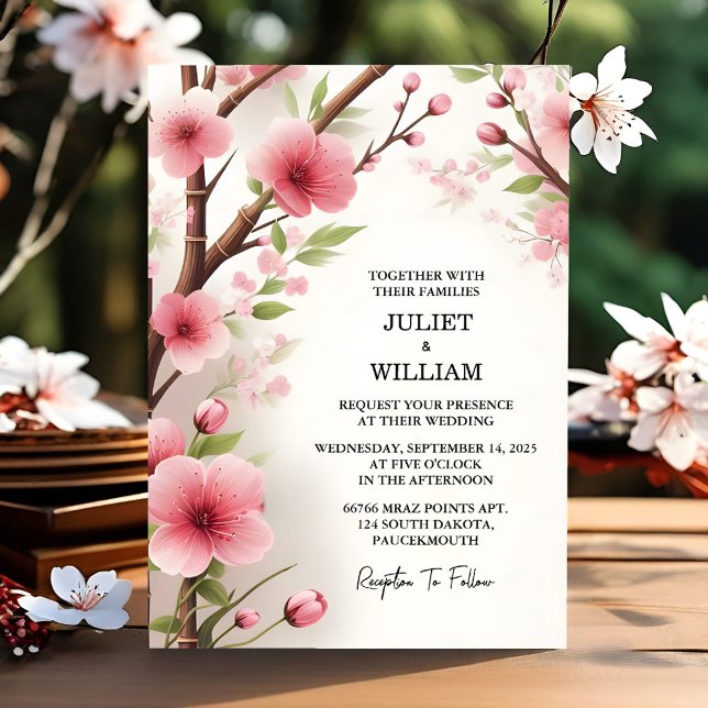 Day Wood Bamboo Pink Sakura Cherry Blossom Wedding Invitation (Creator Uploaded)