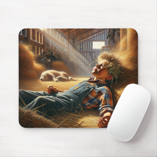 Daydreaming Boy In Barn Hayloft Mouse Mat (With Mouse)