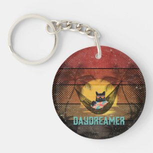 Daydreaming Cool Cat's Tropical Escape Round Key Ring