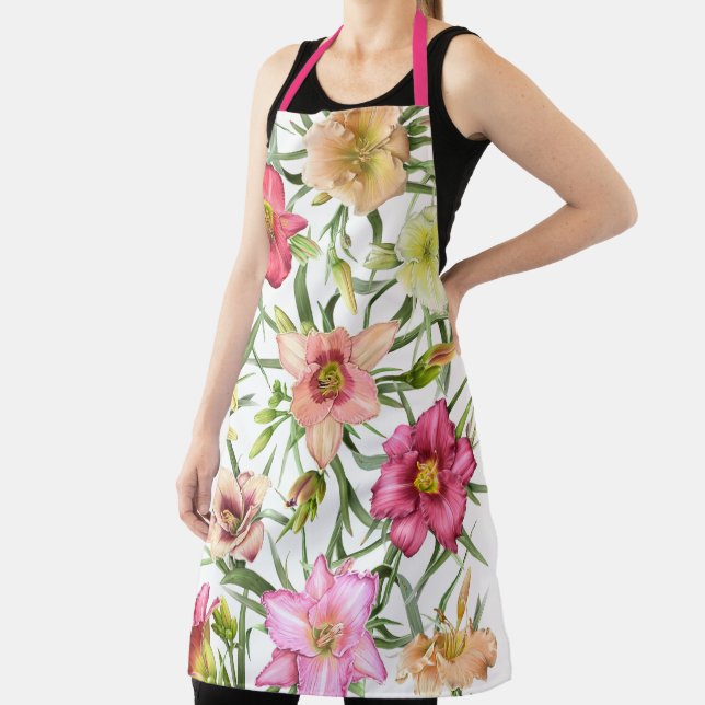 Daylilies All Over Floral Botanical Print Apron (Insitu)