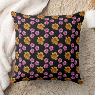 Daylilies And Cosmos Flowers On Black Background 2 Cushion