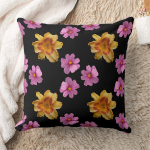 Daylilies And Cosmos Flowers On Black Background Cushion