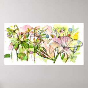 Daylily Blush Flower Garden Ink Watercolor Art Poster